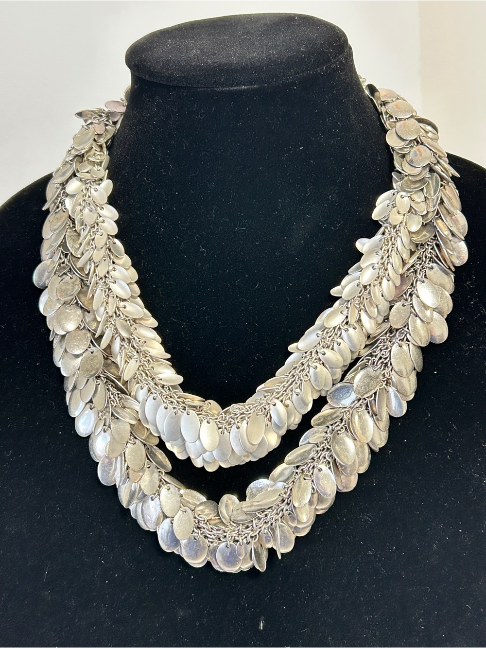 Neiman Marcus Lee Angel Cascading Silver Disc Statement Necklace